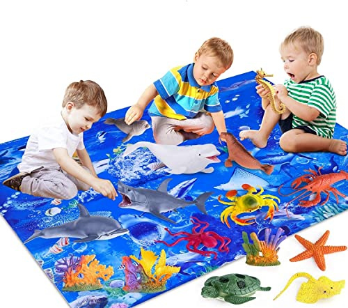 INNOCHEER Meerestierspielzeug für Kinder mit großer Spielmatte, 18er-Pack realistisches Meerestier-Set mit Tragetasche inklusive Hai, Wal, Delfin usw für Kleinkinder …