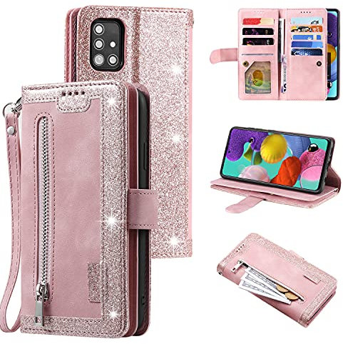 UEEBAI Hülle für Samsung Galaxy A71, Vintage Reißverschluss Handyhülle PU Leder Handytasche Silikon Bumper mit 9 Kartenfächer Standfunktion Geldbörse Trageband Schutzhülle Flip Wallet Case - Roségold