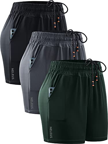 Neleus Leichte Damen-Laufshorts für Yoga, mit Tasche, 10,2 cm Innennaht: Schwarz/Grau/Schwarzgrün, 3 Stück, Klein