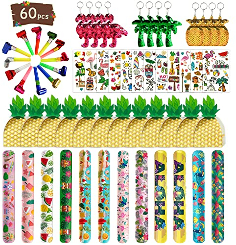 Leesgel Hawaii Tropical Party Mitgebsel Set, 60 Pcs Hawaiian Party Deko mit Schlüsselanhängern, Armbändern, Gebläsen, Leuchtenden Tattoos Kinder, Mitgebsel Kindergeburtstag Luau Beach Geschenk