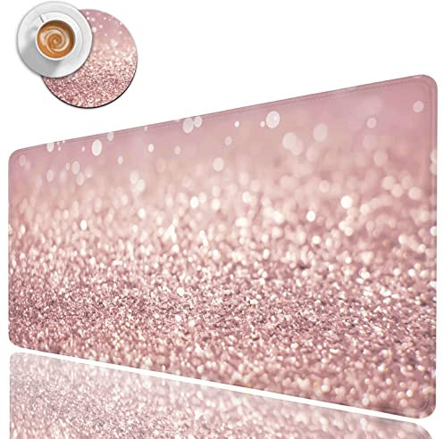 Grand tapis de souris de jeu, tapis de souris ergonomique XL allongé, grand tapis de souris en caoutchouc bords cousus, 80 x 30 cm + sous-verre, paillettes roses