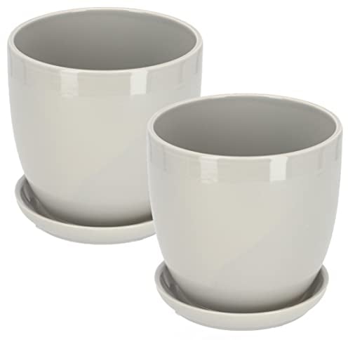 KOTARBAU® Lot de 2 pots de fleurs, en céramique, pour fleurs, plantes, diamètre : 15 cm, avec bac d'égouttement, gris