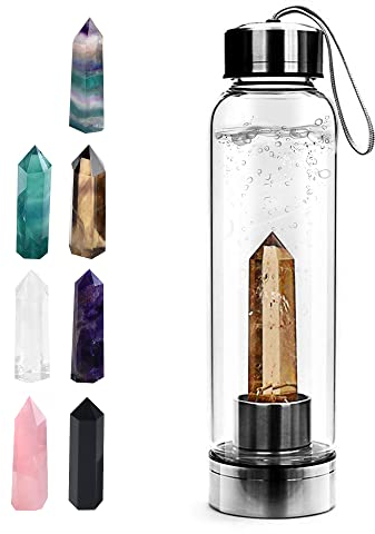 Tyuodna Bouteille d'eau en cristal de quartz naturel amovible, bouteille d'eau en quartz naturel, bouteille d'eau portable anti-fuite 550 ml (quartz fumé + bouteille)