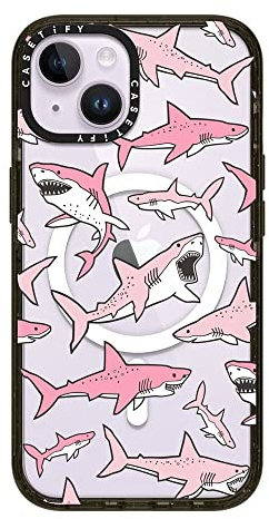 CASETiFY Impact iPhone 14 Case [4X Military Grade Drop Tested / 8.2ft Drop Protection/Compatible with Magsafe] - Pink Sharks - Clear Black
