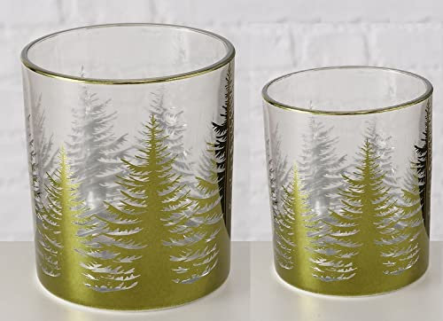 Windlicht Set 2-teilig – Teelichthalter mit moosgrünem Tannenwald-Design aus Glas – Festliche Tischdeko für Herbst & Weihnachten – 8×10 cm & 7×9 cm (Winterwald grün 2er Set)