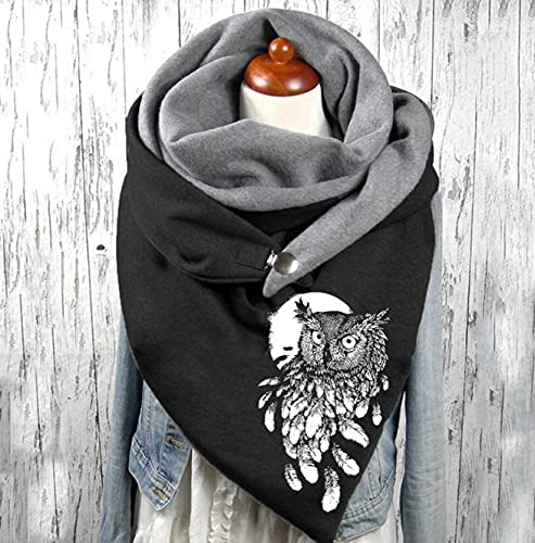 Damen Dreieckschal,Winter Warm Schal mit Knopf Vintage Elegant Lässige Winterschal Deckenschal Halstuch Scarf Weicher Wickel Großer Poncho Cape Herbstschal Dreieckstuch Lange Stola,Eule #2