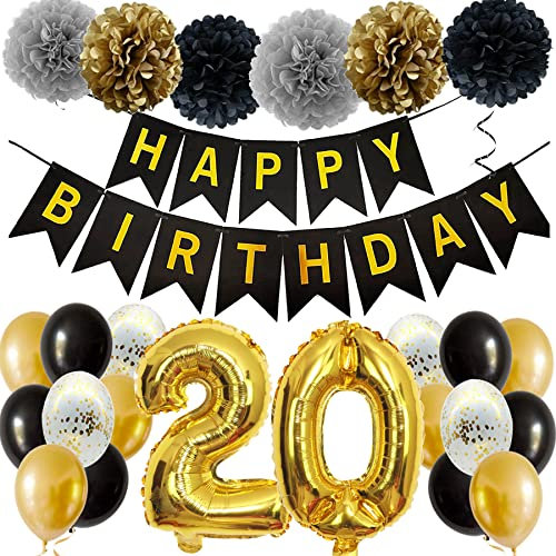 Feelairy 20. Geburtstag Deko Mdchen und Junge, Schwarz Gold Geburtstagsdeko mit 'HAPPY BIRTHDAY' Girlande, 2 '20' Zahlballons, 6 Gold und 6 Schwarze Latex-Ballons, Konfetti und Pompoms
