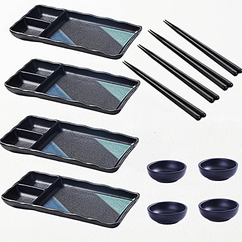 12 Piece Japanese Style Sushi Plate Set - Includes 4 sushi plates and soy sauce bowls, 4 Chopsticks, Sushi Tableware Set - Melamine Sushi Dishes (12PCS)