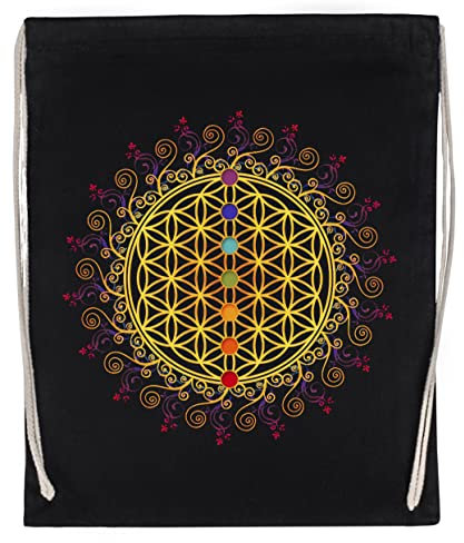 Blume des Lebens, Chakren, Spiritualität, Yoga, Zen, Aktiv Wiederverwendbare Sportreisetasche aus Baumwolle Reusable Sport Bag Cotton Black Backpack