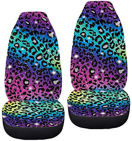 INSTANTARTS Autositzbezüge, Regenbogen-Leopardenmuster, nur Vordersitze, bunt, Geparden-Druck, 2er-Set, rutschfest, Autositzschoner