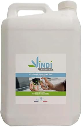 Vindi Désinfectant solution hydroalcoolique menthe poivrée - Bidon de 5L - Fabrication Française -76% d'alcool - Désinfection des mains et des surfaces - Virucide