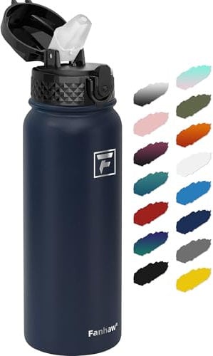Fanhaw 600ml Stainless Steel Insulated Sports Water Bottles with Straw for Kids, Men and Women(Navy Blue)