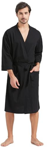 FashGudim 100% Cotton Mens Dressing Gown Lightweight Summer Knit Robes Thin Kimono Bathrobes (Black,XXL)