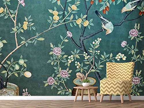 Reyhui Peacock Blue Flower and Bird Wall Mural Wallpaper for Bedroom Living Room