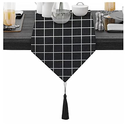 Epinki Tischläufer Frühling Modern, Baumwolle Tischläufer Waschbar Gitter Muster, Tischläufer für Hochzeit Rustikales Zuhause Bauernhaus Modern Tabletop Dekor (Schwarz, 30x200 cm)