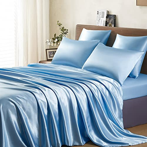 Lanqinglv Luxe Housse de Couette Satin 220 x 240 cm Bleu avec 2 Taies d'oreiller 65x65cm Unie Parure de Lit Adulte Ado 2 Personnes Linge de Lit Satin de Soie Soyeux Brillante avec Fermeture Éclair