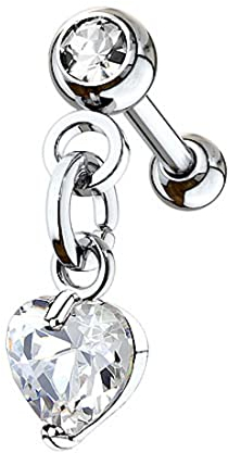 Taffstyle Piercing Stecker Kette Herz Herzform Anhänger Hängend Strass Glitzer Kristall Ohr Cartilage Tragus Helix Ohrpiercing Knorpel Barbell Stab mit Kugel Lang Silber Clear