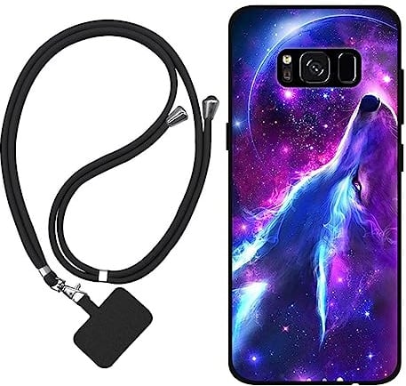 Sunrive Hülle Kompatibel mit Samsung Galaxy S8 Case,matt Handyhülle Schutzhülle Etui TPU Backcover (Wolf,Mond,Sterne) +1x Universale Handykette
