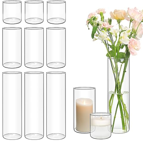 ComSaf Glass Cylinder Vases Set of 12, Clear Bud Vases for Centerpirces Weeding Decoration, 4 inch 7.5 Inch 12 Inch Tall Clear Flower Vases, Hurricane Candle Holder for Party Home Decor