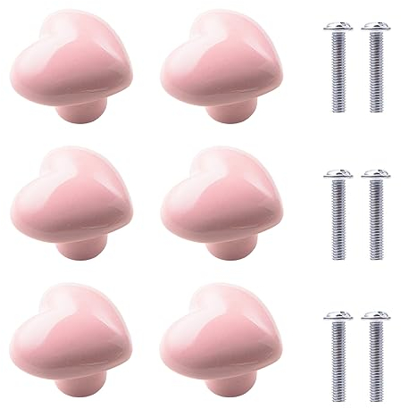 Xinlie Pack of 6 Ceramic Knob Furniture Knobs Drawer Handle Heart Shape Handles with Screws Handles Knob Pink for Drawers Cupboards Doors Kitchen Furniture with Screws