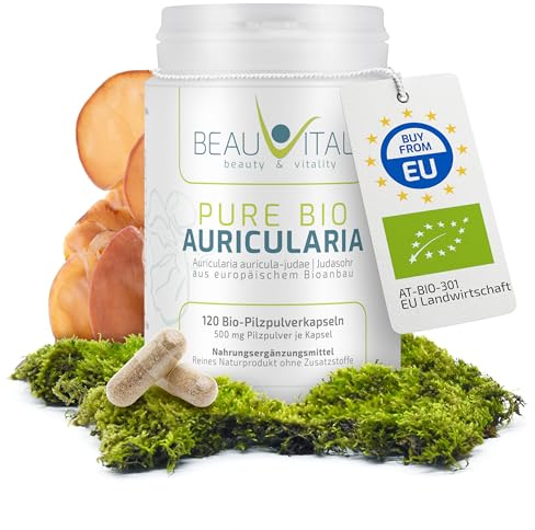 BEAUVITAL® Pure Bio Auricularia Kapseln 120 Stück je 500mg Judasohr Pulver aus EU-Bio-Landwirtschaft, vegan, ohne künstliche Zusatzstoffe