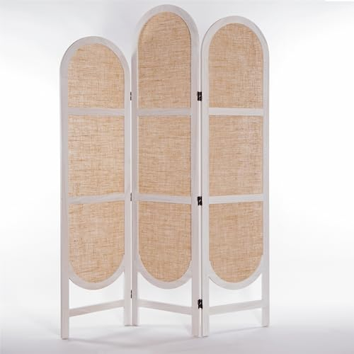CREEDWOOD SÉPARATEUR DE PIÈCES Arco | Lin/Bois, 3 pièces,170x120 cm | paravent Pliable, paroi Naturelle, cloison, séparation de pièce, paroi Pliante, Protection visuelle | Couleur: Blanc-Naturelle