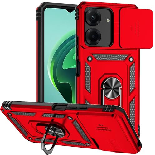 XINYEXIN Funda para Xiaomi Redmi 13C / Xiaomi Poco C65, Funda Cubierta de cámara Deslizante con Magnético Anillo Soporte, Militar PC + TPU Bumper Antigolpes Carcasa Rugged Caso - Rojo