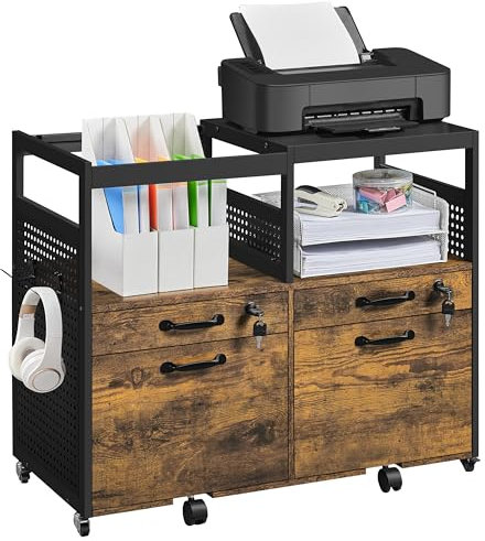 Yaheetech Mobile File Cabinet Office Lateral Filing Cabinets Printer Stand with 4 Drawrs & 2 Open Compartments For Home Office Rustic Brown