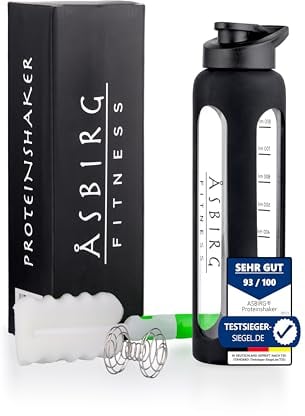 Asbirg Fitness | Shaker proteico in vetro 1 litro | Shaker per proteine | Borraccia | con sfera a spirale | nero 1000 ml