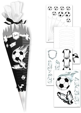 itenga Deko Set für Schultüte Fussball zum Dekorieren einer Schultüte in den Farben deines Lieblingsvereins für Fussballfans (schwarz - weiss)