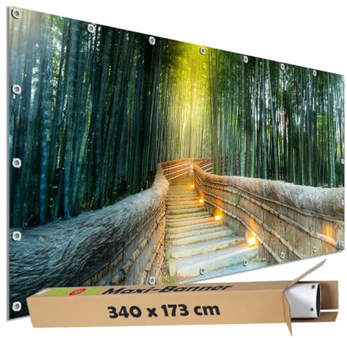 TRIOSK Sichtschutz Garten Dekoration Plane groß mit Natur Motiv Bambus Wald Bambusweg Motivbanner Blickdicht für Terrasse Zaun Gartenzaun Gartenposter PVC Zaunblende 340x173 cm