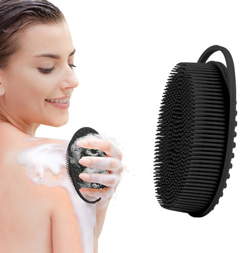 Sociaooil Brosse de Douche en Silicone 2 Faces - Brosse Massante et Exfoliante pour le Corps avec Poignée Ergonomique, Hygiénique et Durable, Noir