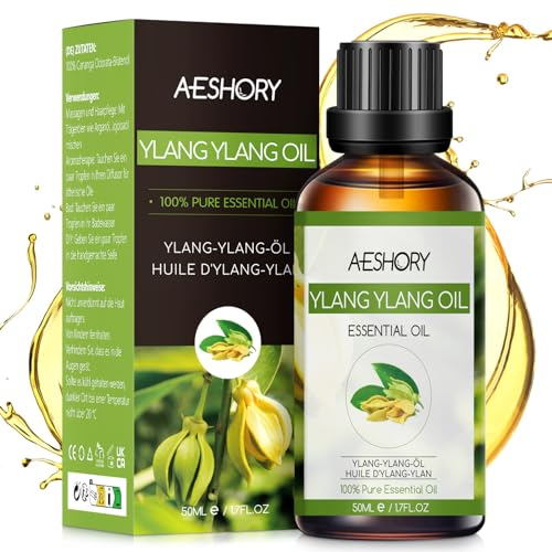 AESHORY Huile Essentielle de Ylang-ylang 50ml, Huile de Ylang-ylang pour Diffuseur 100% Pure & Naturelle, Huiles Parfumées Aromathérapie de Ylang-ylang de Qualité, pour Massage, Bain, SPA, Soins