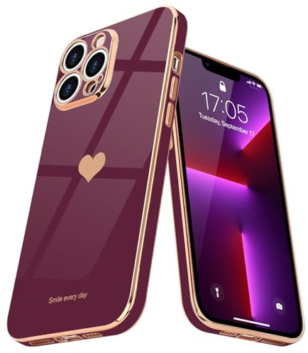 Teageo Lovely Case for iphone 13 Pro, Cute Heart Back, Wine red | Luxury Bling Plating, Soft TPU, Anti-Scratch Shockproof Bumper, for Women Girls, Lovely Heart Pattern
