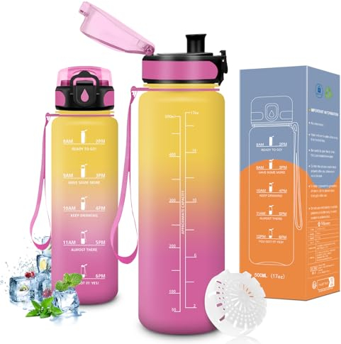 Vikaster Gourdes, Gourde 500ml, sans BPA, Étanche & Réutilisable, Convient Pour la Gym, Yoga, Camping, Sport, Gourde Randonnée, B-rose Jaune
