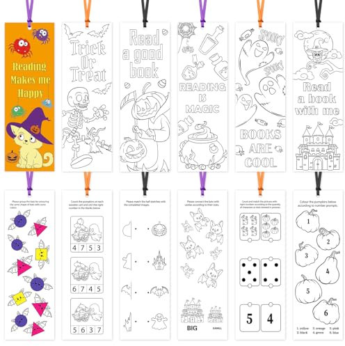 ZALAON Halloween Lesezeichen zum Ausmalen,48 Stücke lesezeichen basteln kinder Exklusives Halloween-Lesezeichen, beidseitig verwendbar, Vorderseite: Zeichnung/Rückseite: kleines Spiel