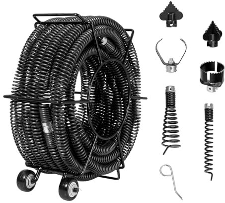 VEVOR Rohrreinigungsspirale 18 m x 30 mm, professionelles Rohrreinigungskabel mit 6 Schneidern für 50 bis 200 mm Rohre, Hohlkern-Kanalisationsspirale für Spüle, Bodenablauf, Toilette