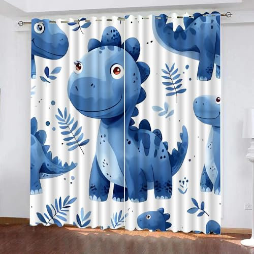 TSMMB Dinosaurier Verdunkelungsvorhänge Mit Ösen 2Er Set,Gardinen Blickdicht Kurz Mit Muster,Cartoon Dino Vorhang Kinderzimmer,Vorhang Wohnzimmer Schlafzimmer Modern Blau,140X120Cm(HxB),A5
