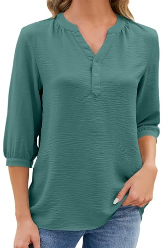 Angxiwan Tops for Women UK Women's Three Quarter Sleeve Solid Color V Neck Buttoned Loose Chiffon T Shirt Women's Going Out Tops Tshirts Women UK Plus Size