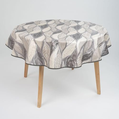 laro runde 140 cm wachstuchtischdecke wachstischdecke abwashbar PVC tischdecke Wachstuch wasserabweisend Garten tischdecke, Muster:Blätter Grau Beige
