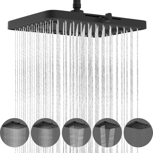 Hibbent Shower Head with 5 Jet Modes, 13 Inch High Pressure Rain Shower Head, Large Rain Shower Head, High Flow Waterfall Bathroom, Fixed Shower Heads with Adjustable Swivel, Matte Black