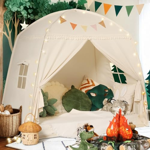 Sumbababy Large Teepee Tent for Kids - Tent for Kids Indoor Kids Teepee for Boys & Girls - Playhouse Inside Canopy Bed for Playroom Gift Toys (Cream)