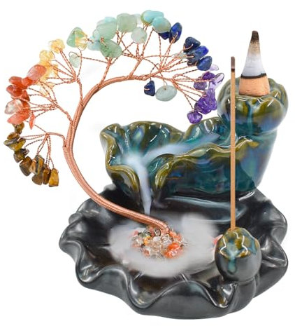 MrMrKura Backflow Incense Burner, Ceramic Incense Waterfall Burner with 7 Chakras Healing Crystals Tree Fountain Incense Holders for Yoga Meditation Home Decor (4.7H)