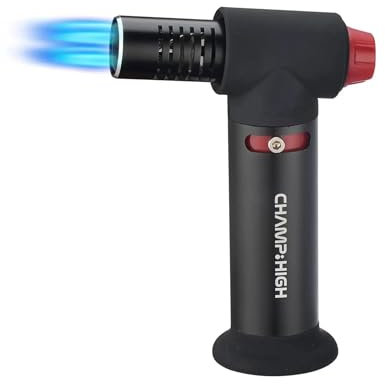 Champ High Quattro Feuerzeug Schwarz | Gasanzünder – Feuerwerksanzünder – Crème Brûlée Brenner – Nachfüllbares Anzünder– 4-Flammen