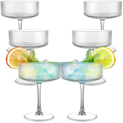 LDXDRU 6er Set Vintage Coupe Gläser, 270 ml Gerippte Champagner Schalen, Sektschalen, Cocktailgläser für Champagner, Espresso Martini, Margarita, Desserts