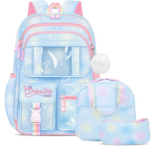 Amythe Set 3 en 1 Cartable Fille Sac Repas Trousse | École Enfant Set 3 pièces Cartable Sangle Réfléchissant Mignon Imperméable 26L Bleu