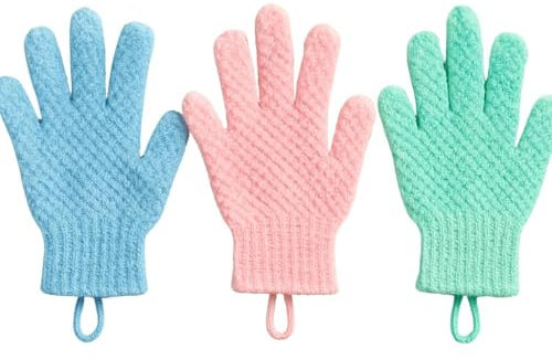 QZed Pack of 3 Exfoliating Gloves Bath Mitts Ultimate Shower Back Body Scrubber for Smooth Radiant Skin with Hanging Loop