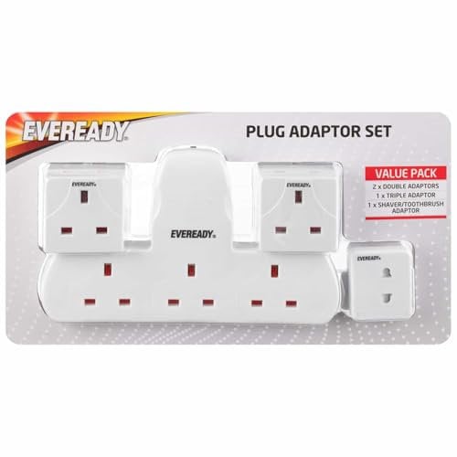 Plug Adaptor Set 4pk - Includes: 2 X Double Adaptors, 1 X Triple Adaptor, 1 X Shaver/Toothbrush Adaptor - Ideal For Travelling And For Use While Abroad