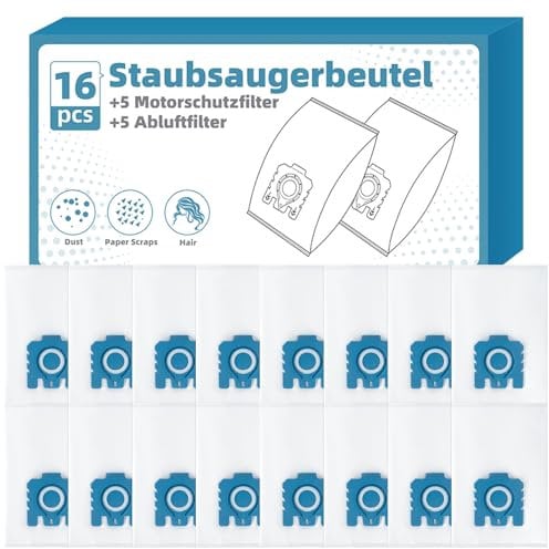 16 Stück Staubsaugerbeutel für Miele Staubsauger Hyclean 3D GN [Classic C1 Complete C2 Complete C3, S2 S4 S5 S6 S8] mit 5 Motor & 5 Abluft Filter Ersetzt 9917730 12281680