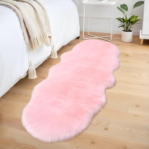 AIMECO kunstfell Teppich Faux Lammfell Schaffell Teppich Flauschiger Haarig Wohnzimmer Deko Weicher Fell Carpet für Stühle Sofa Schlafzimmer Kinderzimmer. Rosa 60 x 180 cm